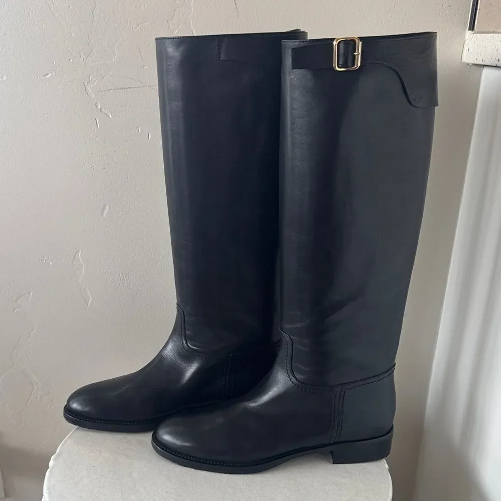 Mara Bini Black Knee-High Leather Boots Gold Buckle Sleek Pull-On Design Size 37